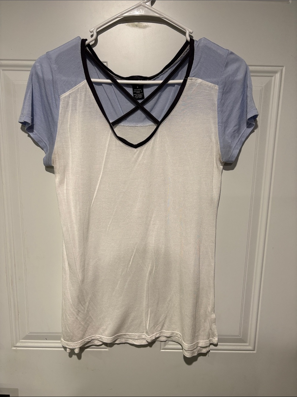 Rue21 White Tee with Light Blue Raglan Sleeves and Black Crisscross Neckline